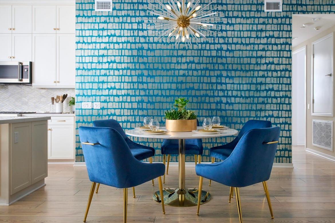 Blue accent wall in kitchen