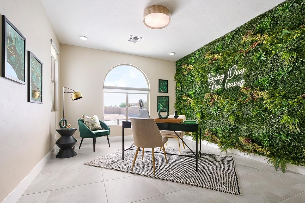 Home podcast room with arched window