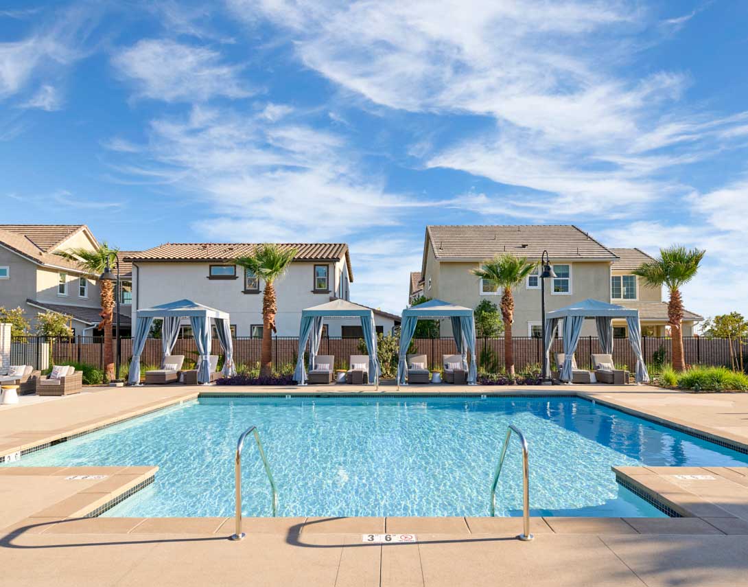 Pool and cabanas at Aurora Park