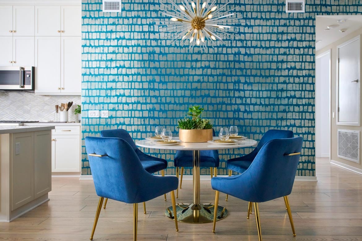 Blue accent wall in kitchen